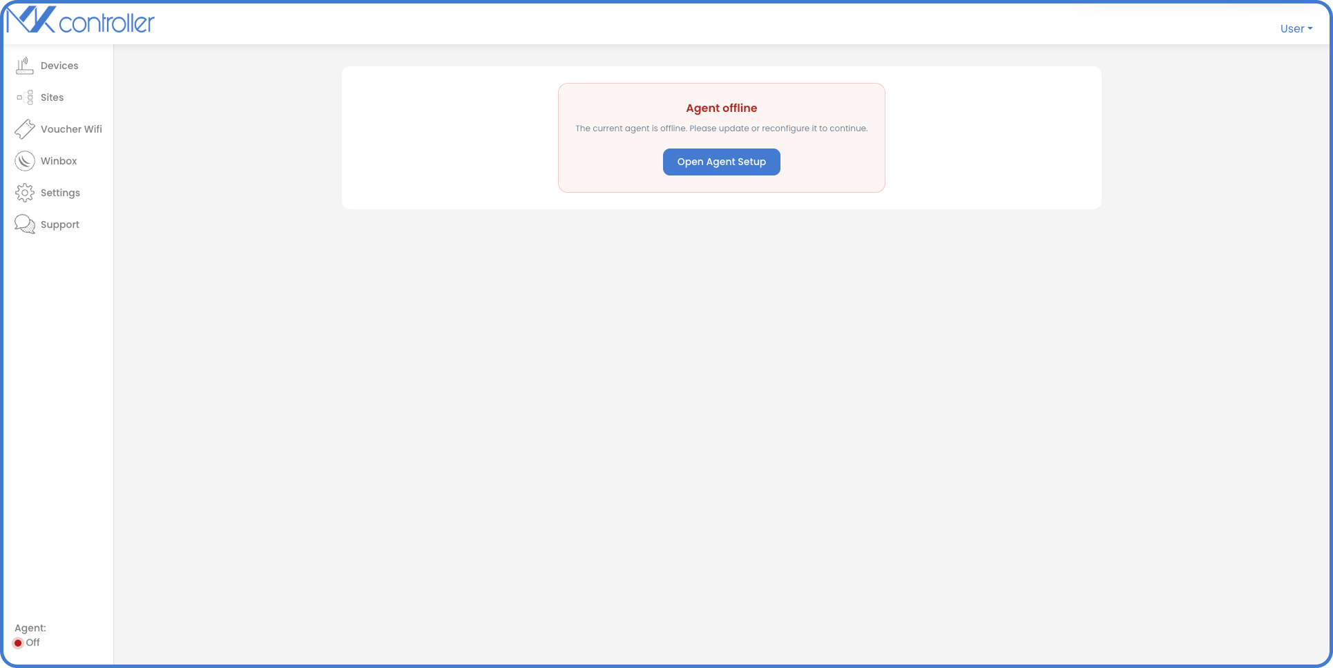 MKController platform warning that the desktop agent is offline and offering a button to open the agent setup for recovery